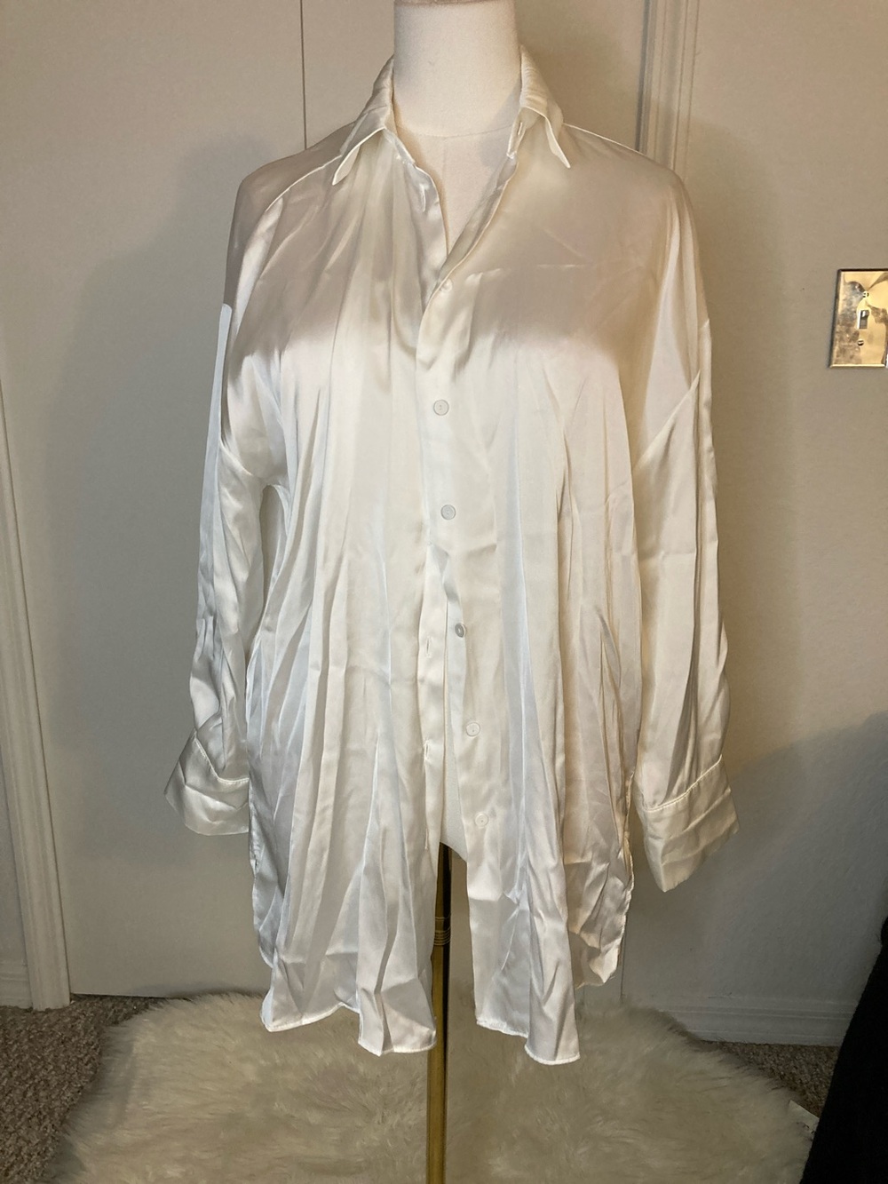 Zara Satin Ivory Button-Down Blouse